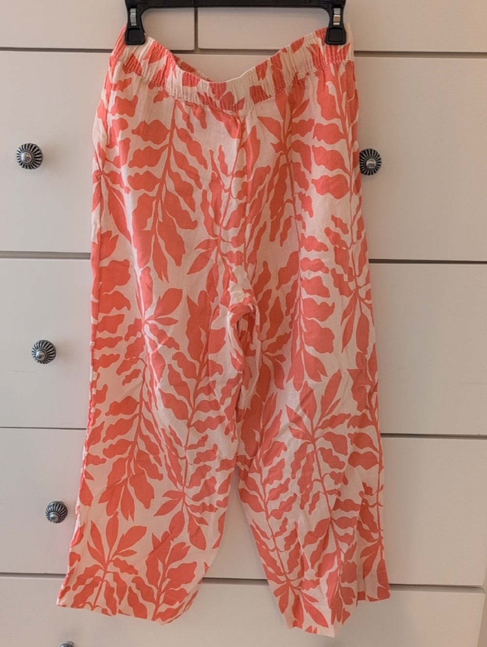 Rachel Zoe Coral and White Leaf-Print Elastic Waist Pants